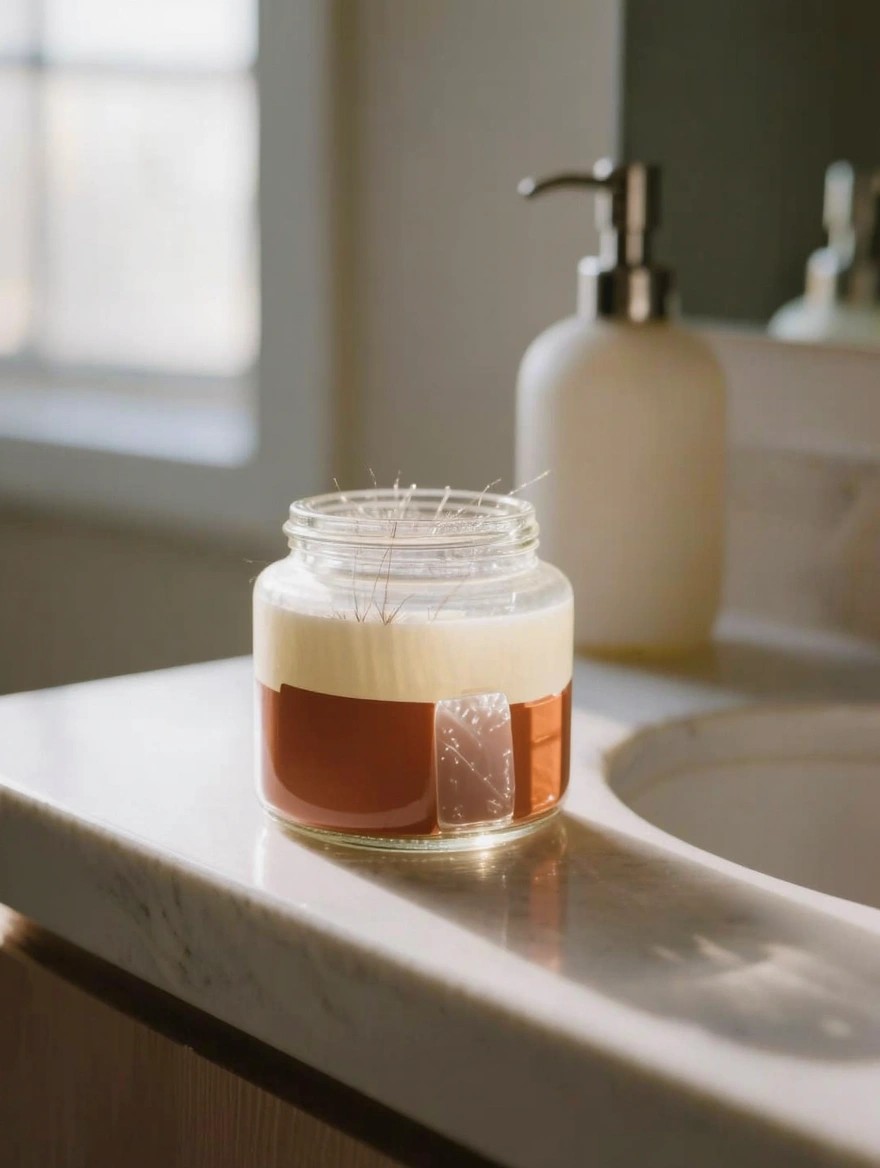 Clear glass jar painted inside with pale upper and terracotta lower layers to resemble candle wax, wick strands protruding from top, placed on marble bathroom counter near sink and soap dispenser.