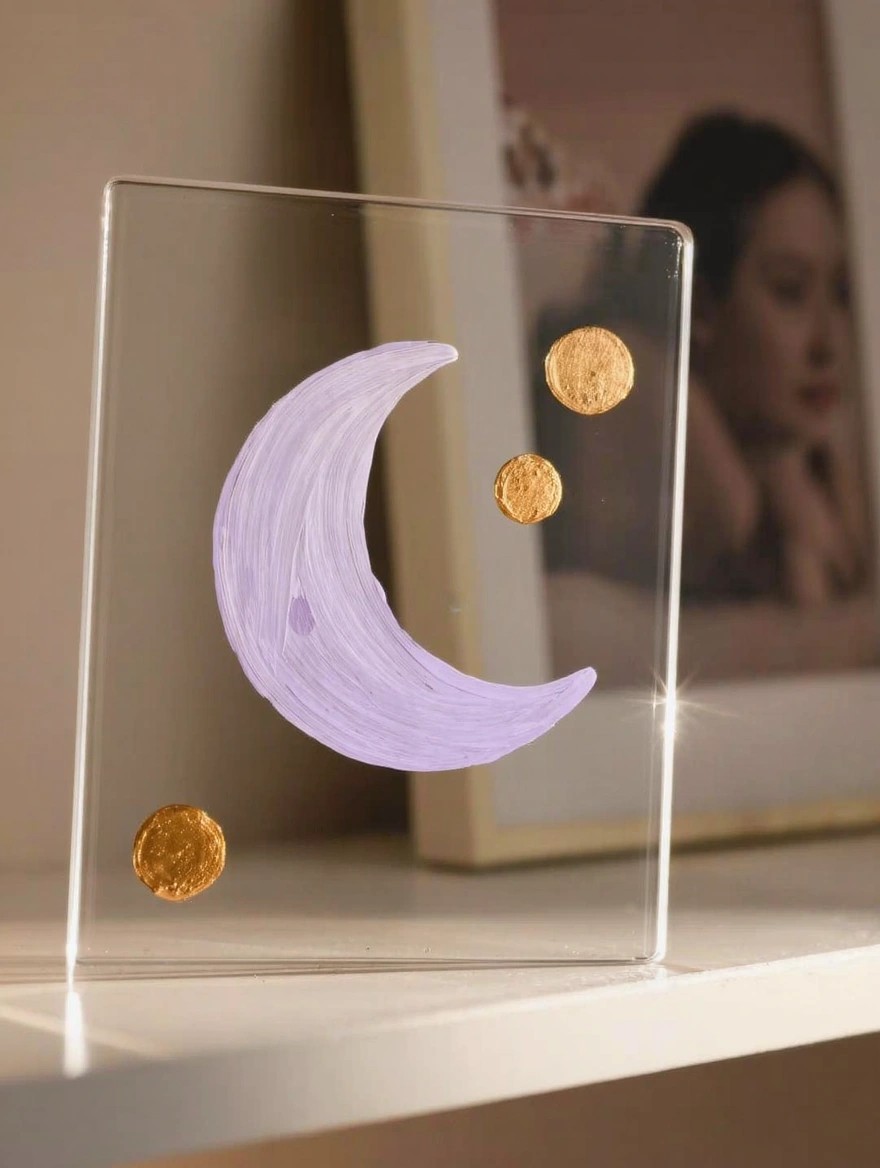 A clear rectangular glass panel with a painted purple crescent moon and two gold dots stands on a white shelf next to a beige-framed photo of a woman.