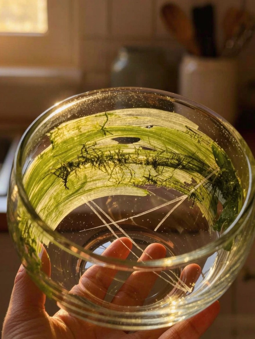 A hand holds a clear glass bowl painted with swirling green seaweed-like streaks inside, set in a sunlit kitchen.