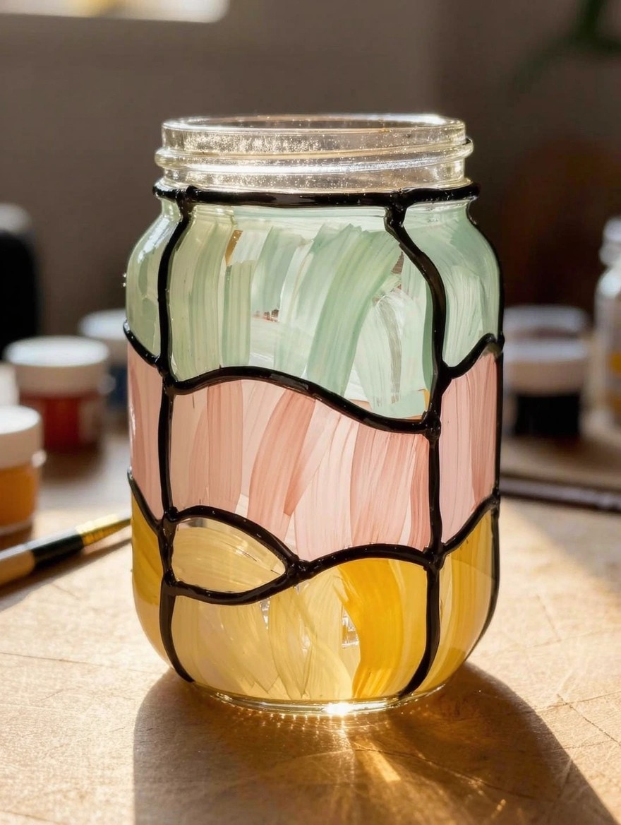 Clear glass mason jar with black-outlined wavy panels painted in translucent green, pink, and yellow, on a table with paint pots and brush nearby.