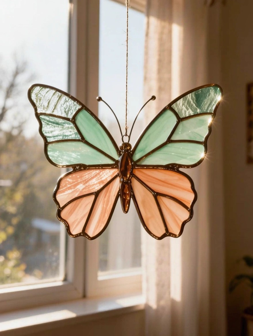 Colorful stained glass butterfly suncatcher with green upper wings and orange lower wings hangs by a chain in front of a window.