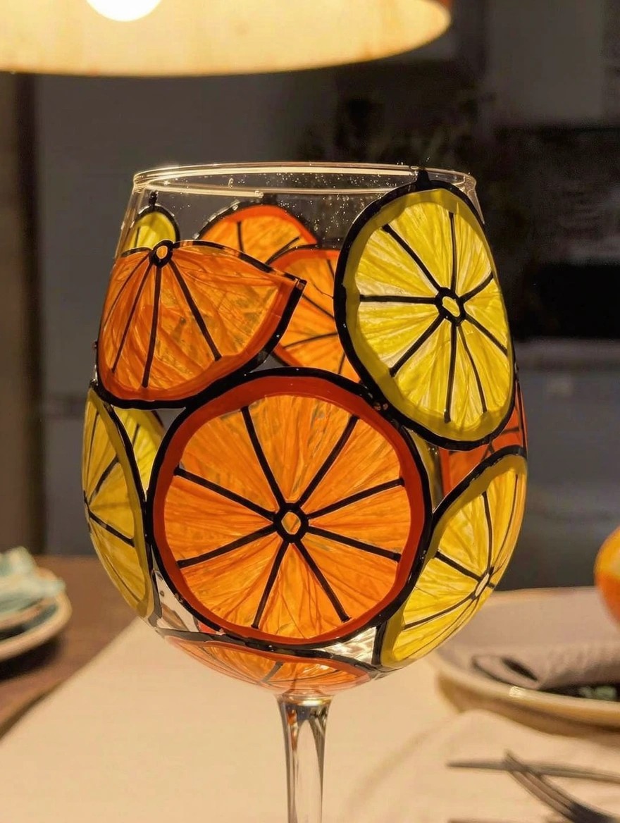 A stemmed wine glass painted with overlapping orange and yellow citrus slices sits on a dining table with plates and silverware nearby.
