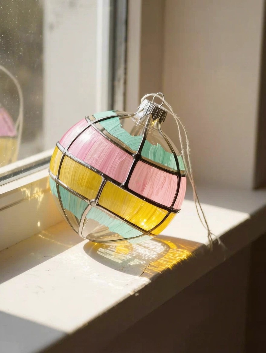 A spherical clear glass ornament painted with pink, yellow, teal, and green rectangular panels outlined in black lines sits on a windowsill, catching sunlight with its hanging cord draped nearby.