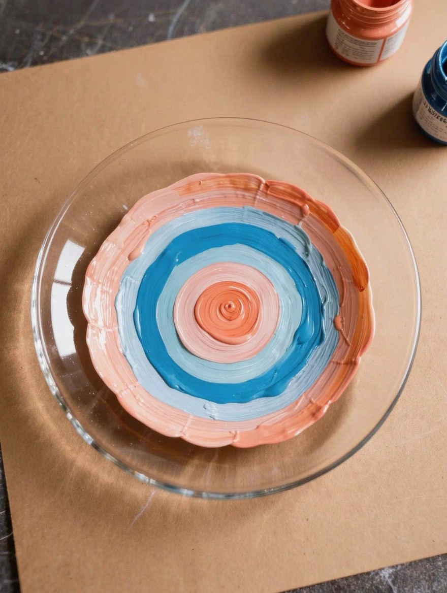 A clear glass plate painted with concentric swirling rings in orange, pink, blue, and teal on a brown surface next to orange and blue paint bottles.