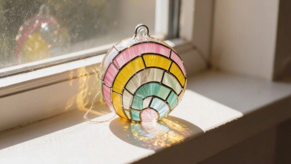 22 Relaxing Stained Glass Painting Patterns Perfect for Creative Downtime A spherical clear glass ornament painted with pink, yellow, teal, and green rectangular panels outlined in black lines sits on a windowsill, catching sunlight with its hanging cord draped nearby.