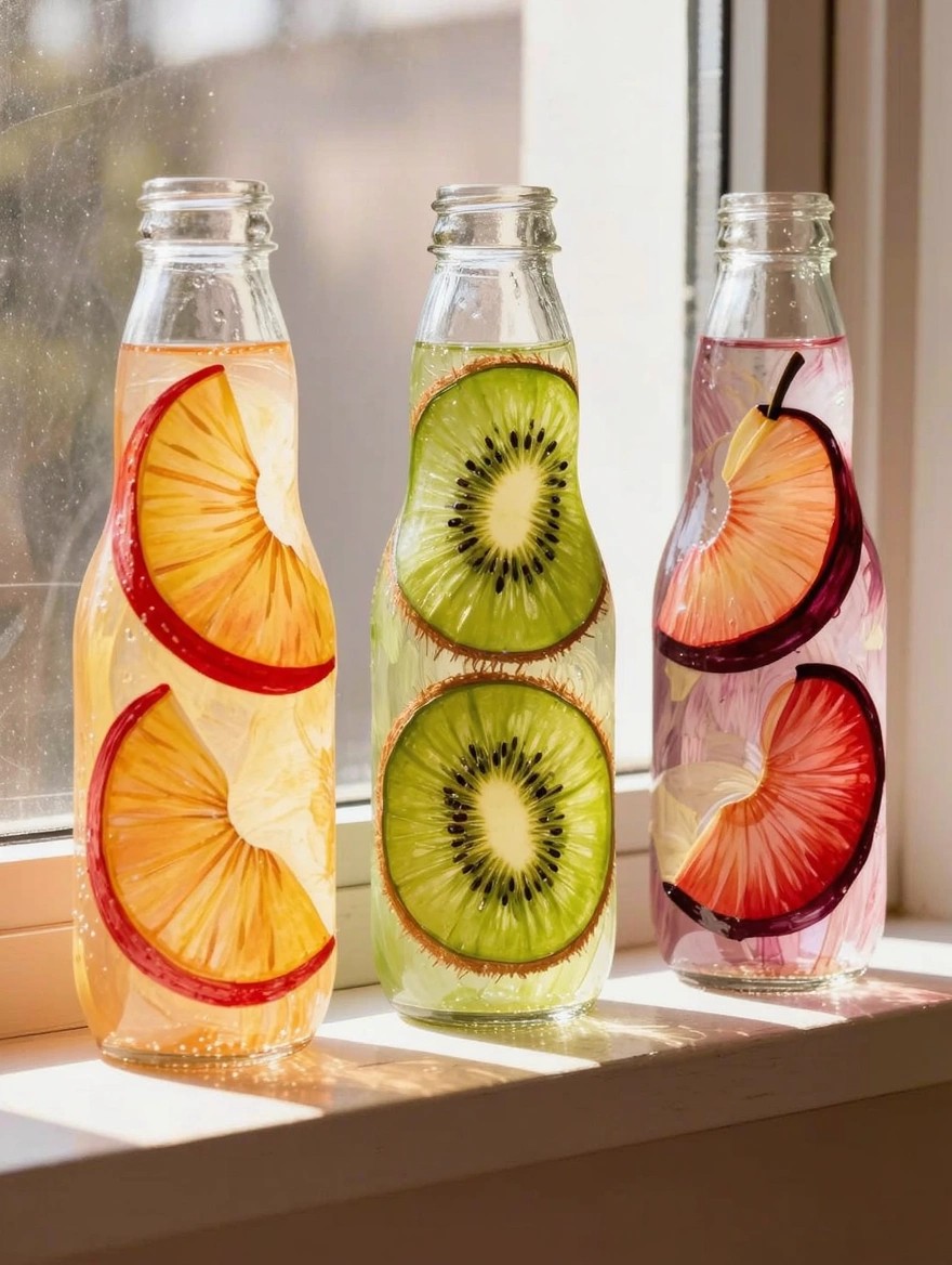 Three clear glass milk bottles painted with orange, kiwi, and apple slices sit on a windowsill filled with tinted water.