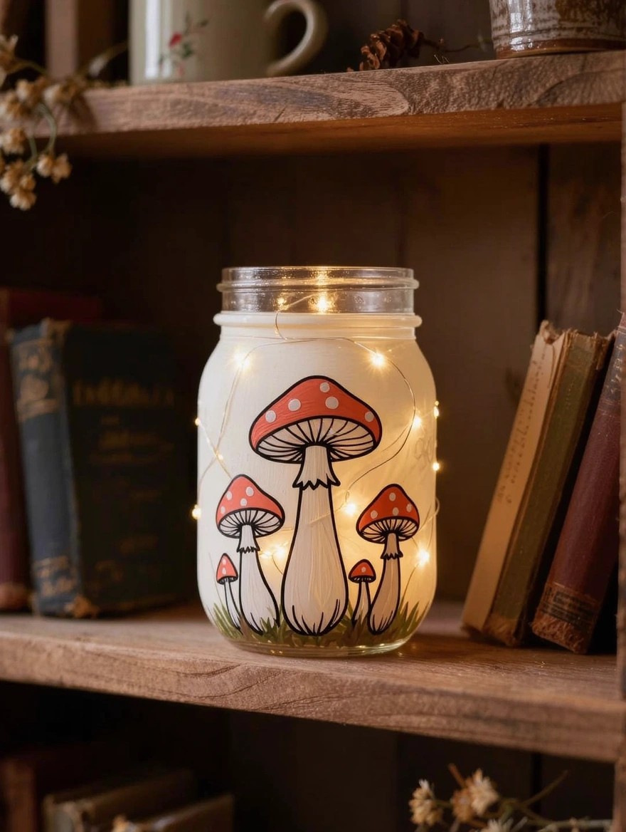 A mason jar painted with red and white spotted toadstool mushrooms contains fairy lights and sits on a wooden shelf surrounded by books and dried flowers.