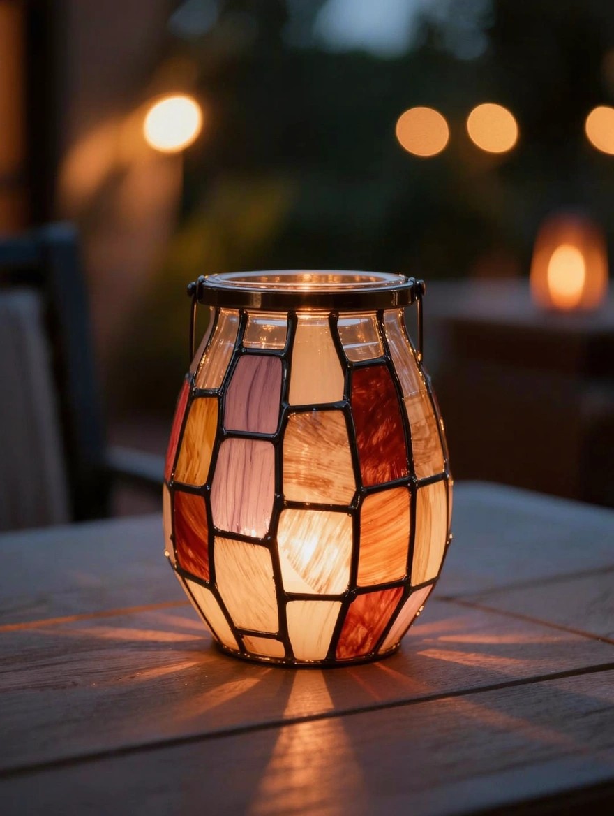 A lit glass jar candle holder painted in stained glass style with colorful geometric panels sits on a wooden table at dusk.
