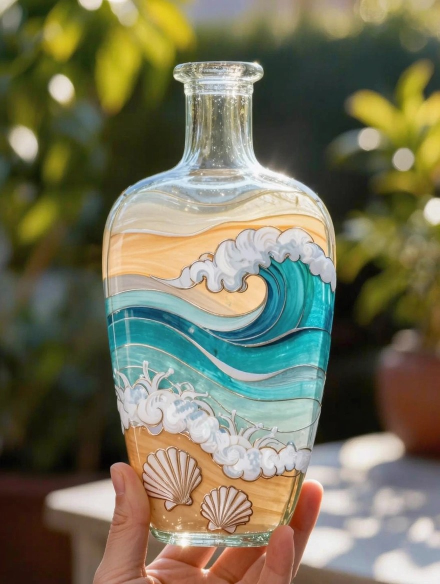 A hand holds a clear glass decanter painted with blue and white ocean waves, orange sand, and white seashells, set outdoors with green plants in the background.