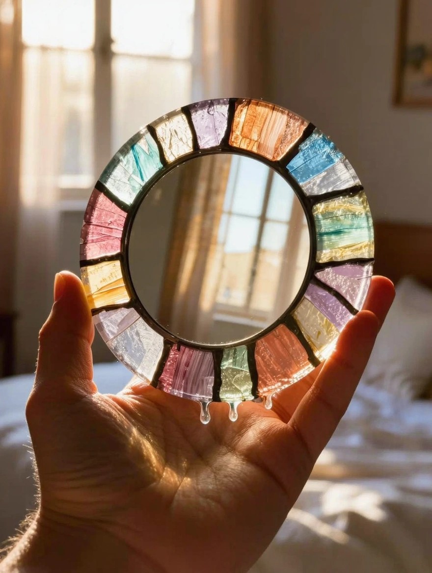 A hand holds a small round mirror with a multicolored stained glass-style frame in a sunlit bedroom.