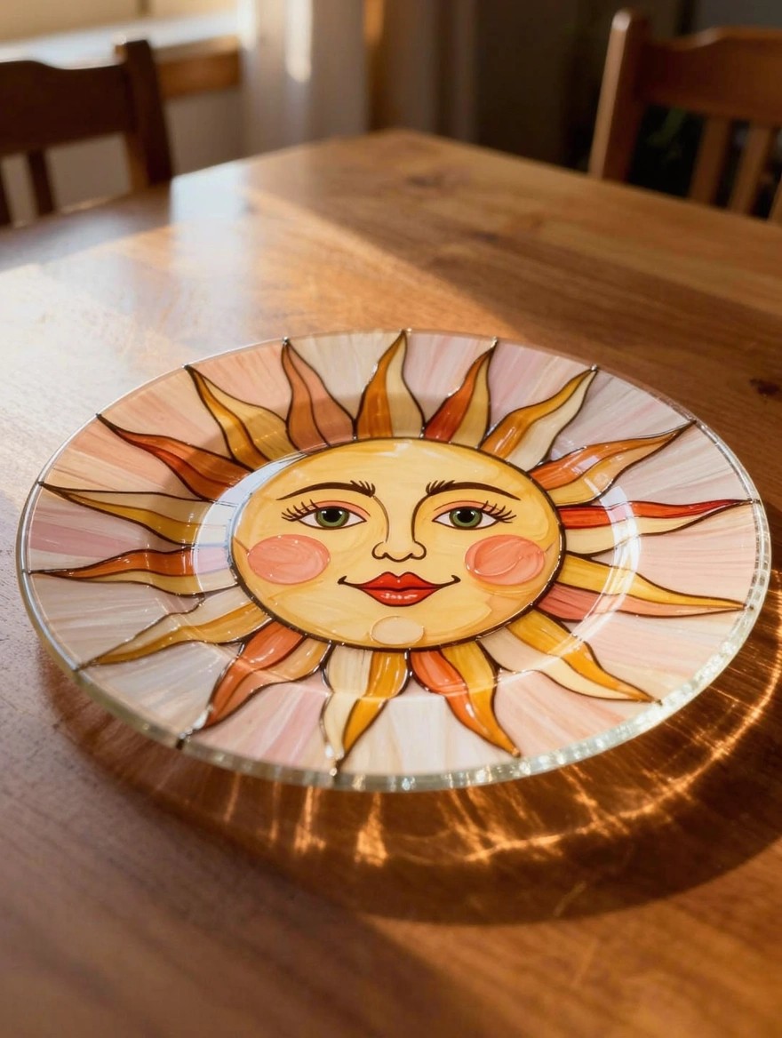 Clear round glass plate painted with a smiling sun face and multicolored rays sits on a wooden table.