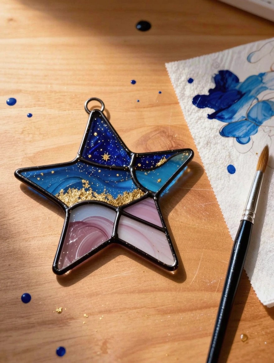 A star-shaped stained glass suncatcher with blue galaxy panels, gold waves, pink opalescent sections, and a hanging loop sits on a wooden table amid blue paint drops, a brush, and rag.