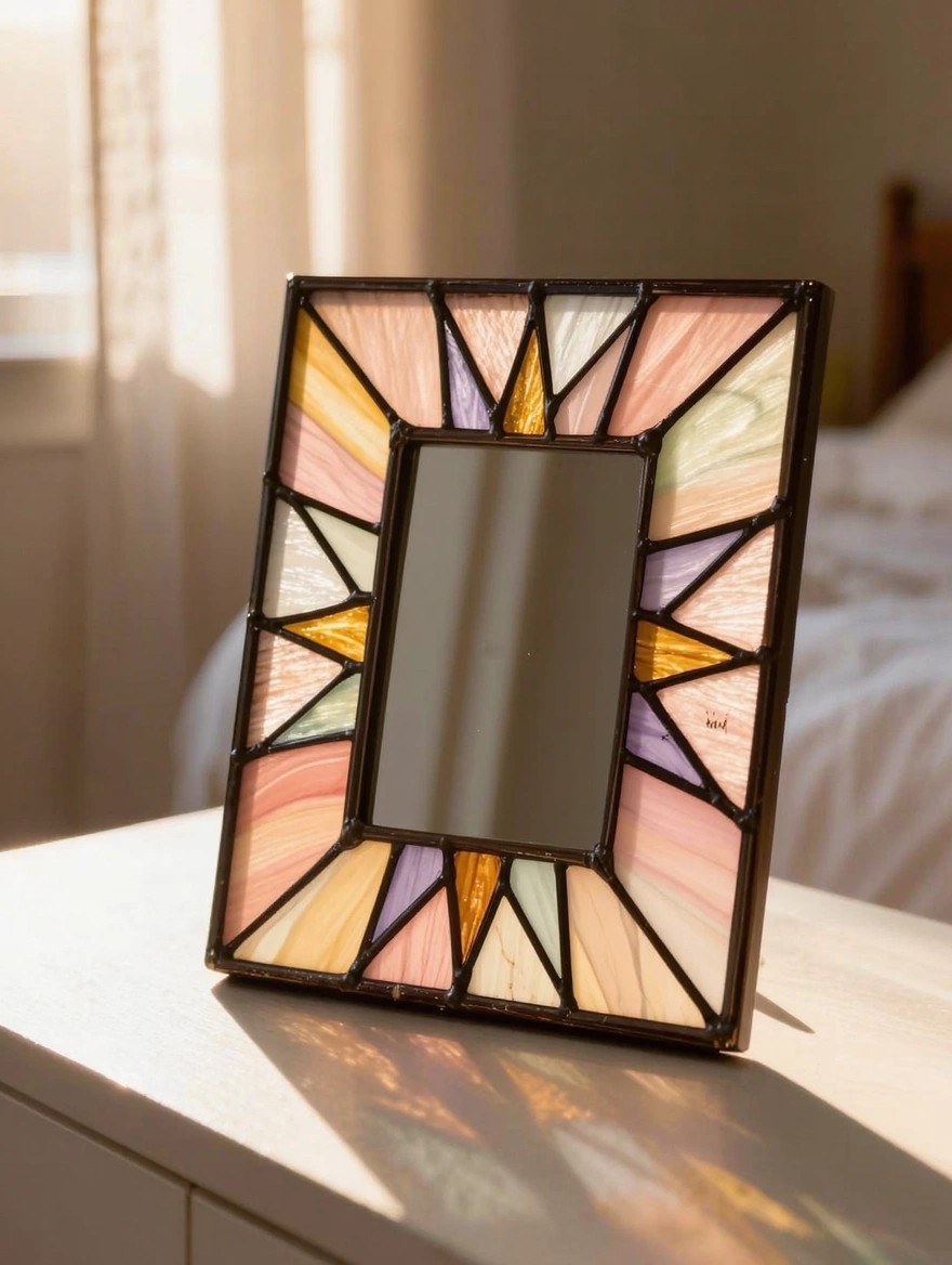 A handmade stained glass frame with a multicolored geometric sunburst design in pinks, yellows, purples, and greens surrounds an empty rectangular mirror on a wooden surface.