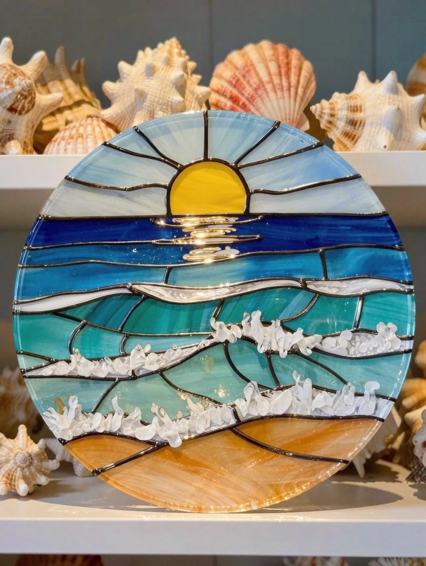Round glass plate with stained glass-style painting of yellow sun over blue ocean waves, white foam, and orange beach, surrounded by seashells on a shelf.