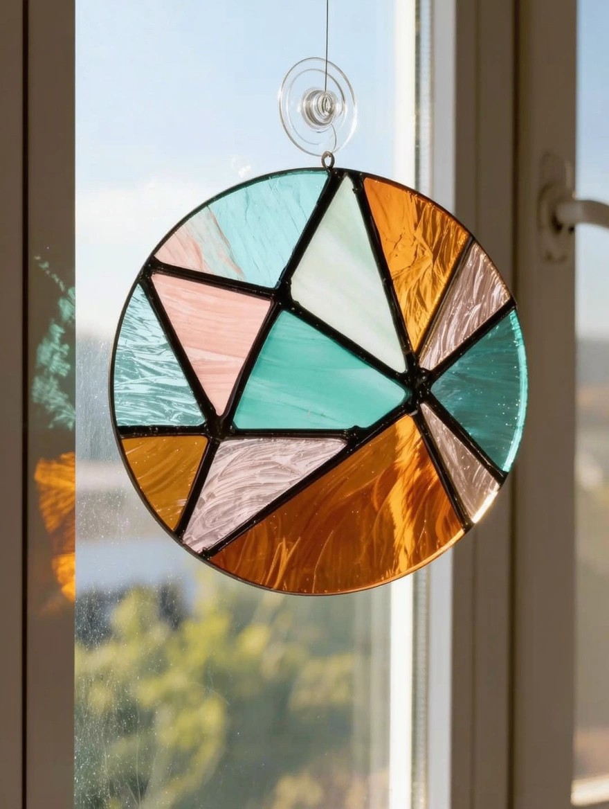 A circular stained glass-style sun catcher with multicolored geometric triangles hangs from a window via suction cup.