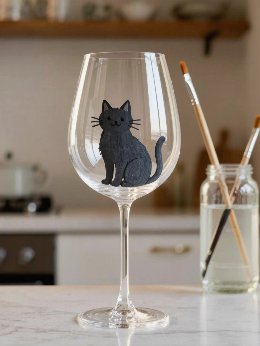 Clear wine glass painted with a black silhouette cat on the bowl, placed on a kitchen counter near paintbrushes and a water jar.