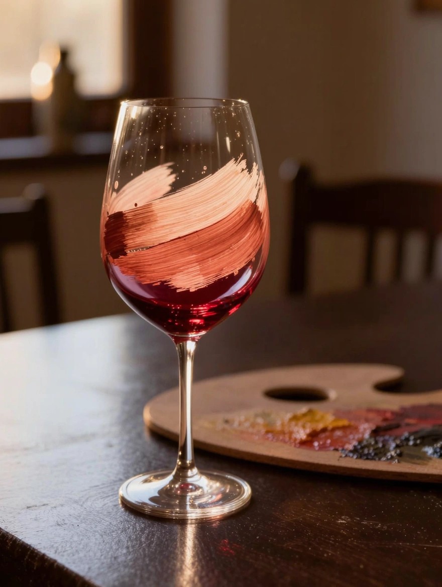 Clear wine glass with internal pink-to-red brush strokes blending into red wine, placed beside a wooden paint palette on a dark table.