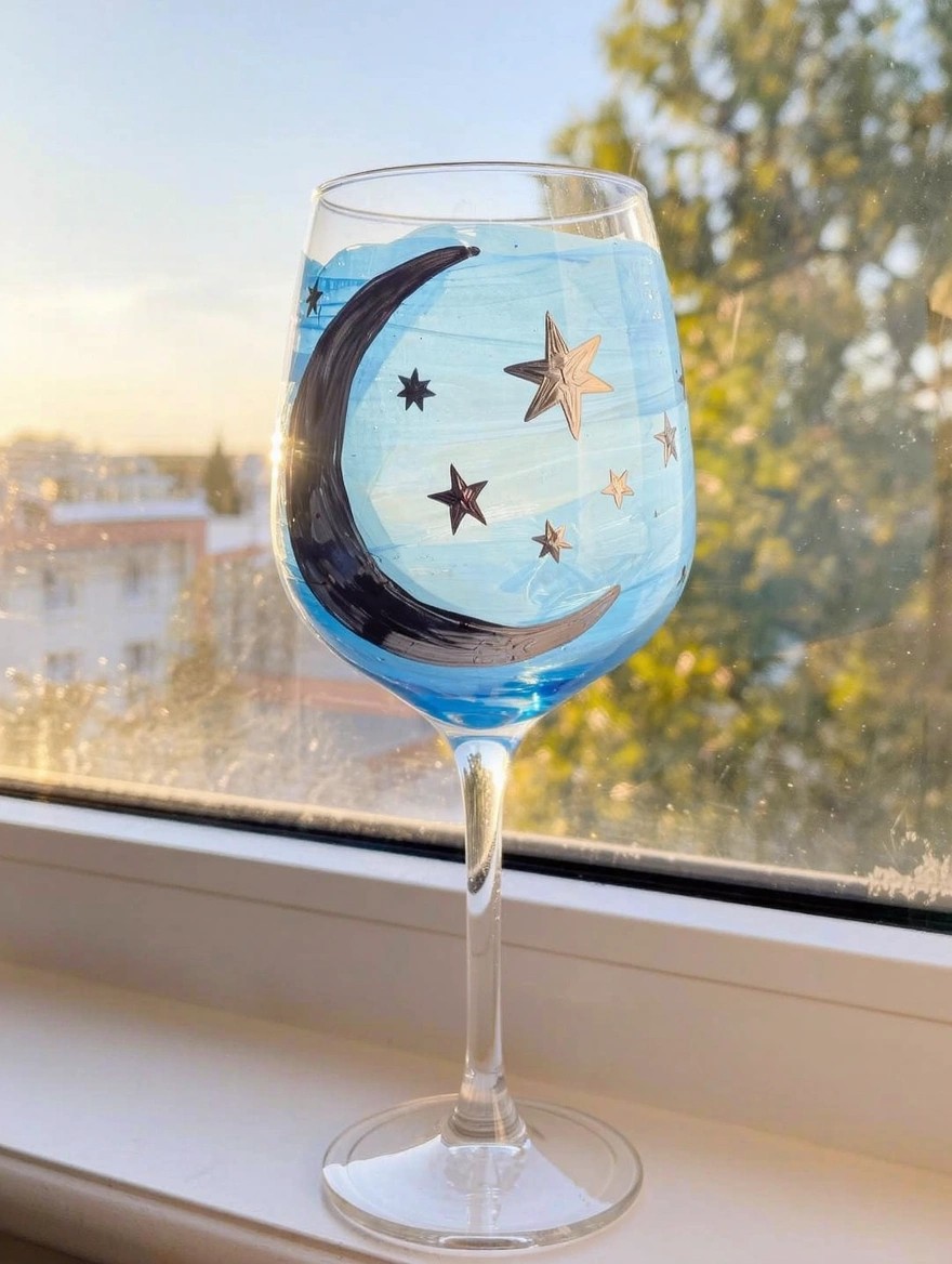 A clear stemmed wine glass painted with translucent blue sky, black crescent moon, and metallic stars sits on a windowsill overlooking trees and buildings at sunset.