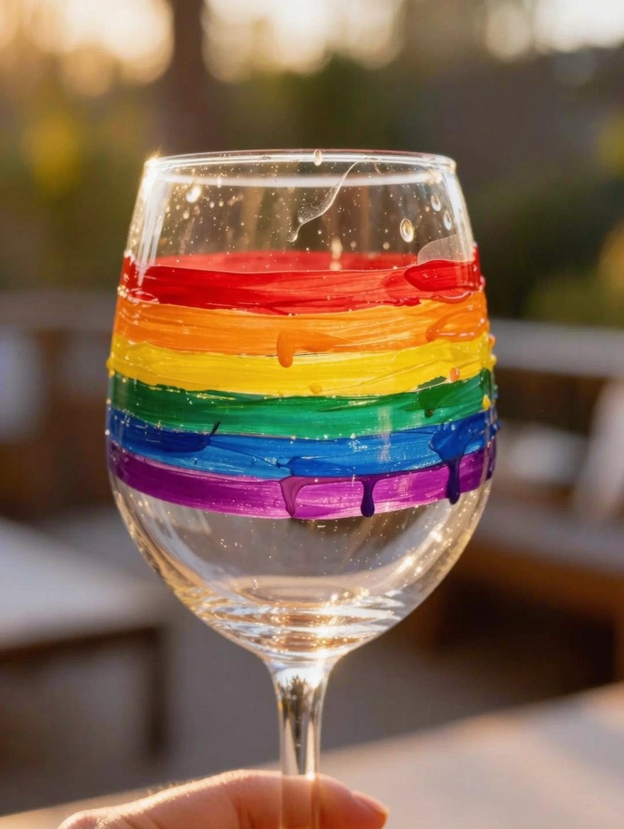 Clear stemmed wine glass with thick rainbow stripes and drips painted around the bowl, held by a hand outdoors.