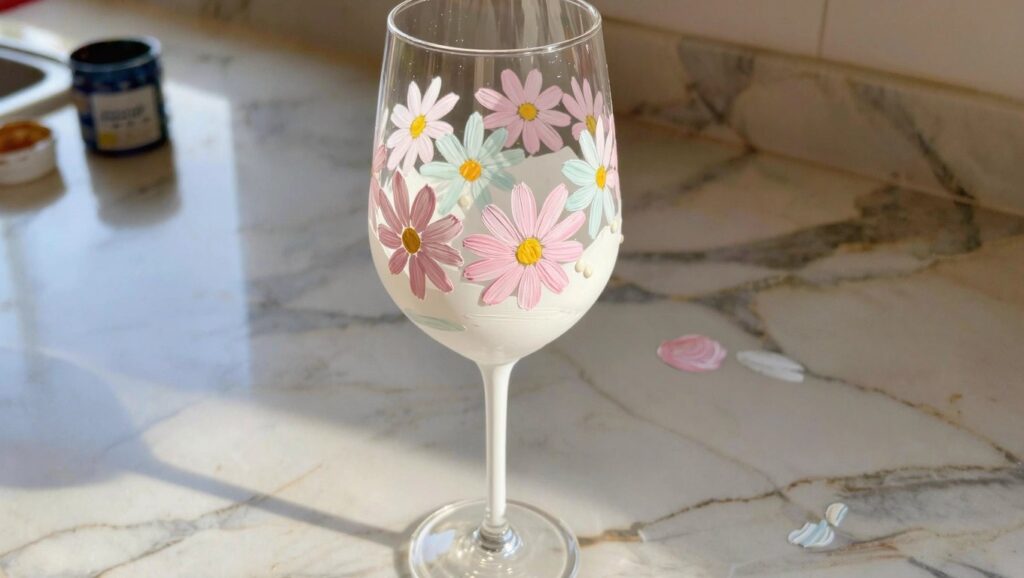 Clear stemmed wine glass hand-painted with clusters of white and pink daisies around the bowl, on a table next to a red paint tube.