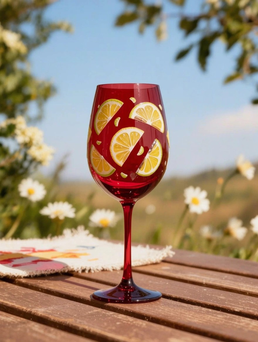 A red stemmed wine glass painted with yellow lemon slices sits on a wooden table outdoors near white flowers and greenery.