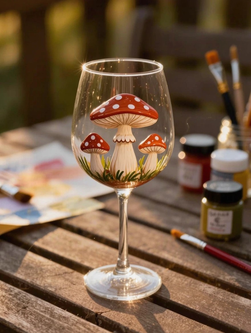 Clear wine glass with red-capped mushrooms painted inside the bowl sits on a wooden deck amid paint jars and brushes.