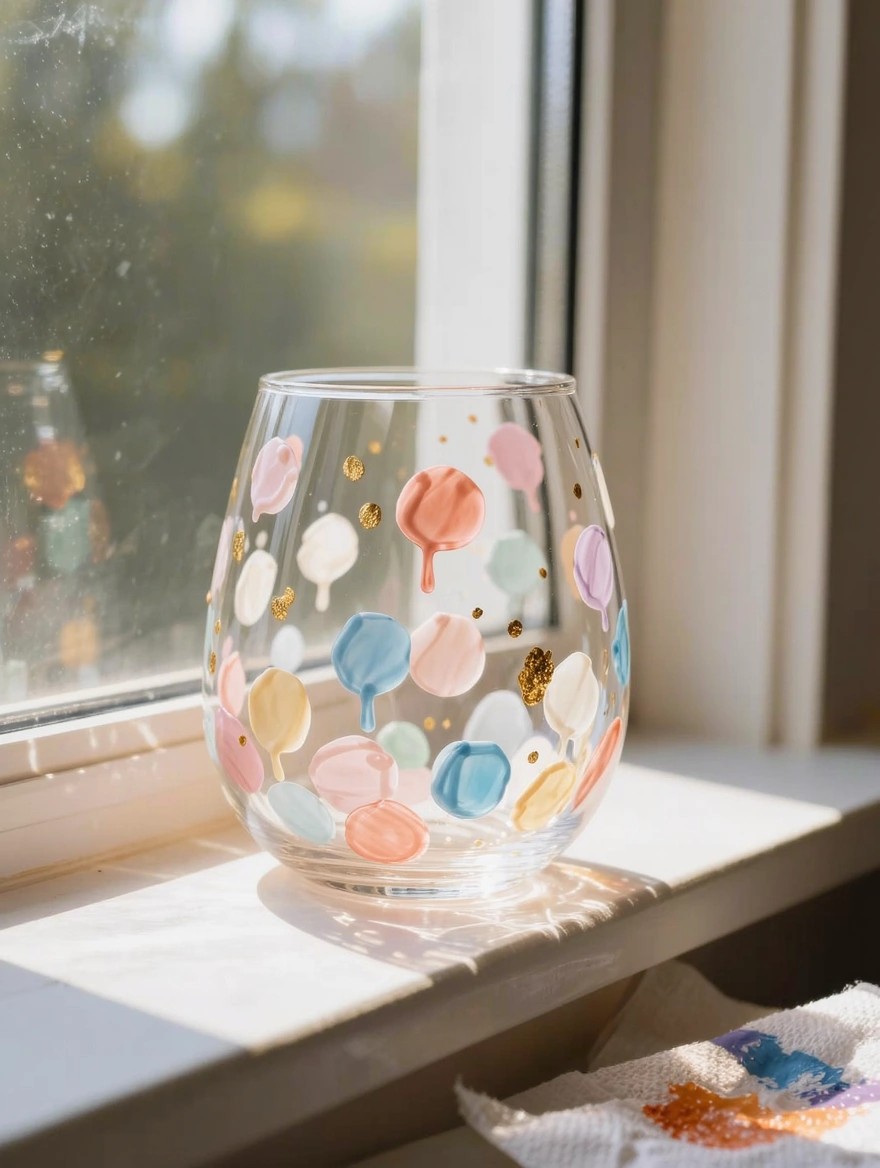 Clear stemless wine glass painted with pastel colored blobs, drips, and gold dots on a windowsill with sunlight and fabric nearby.