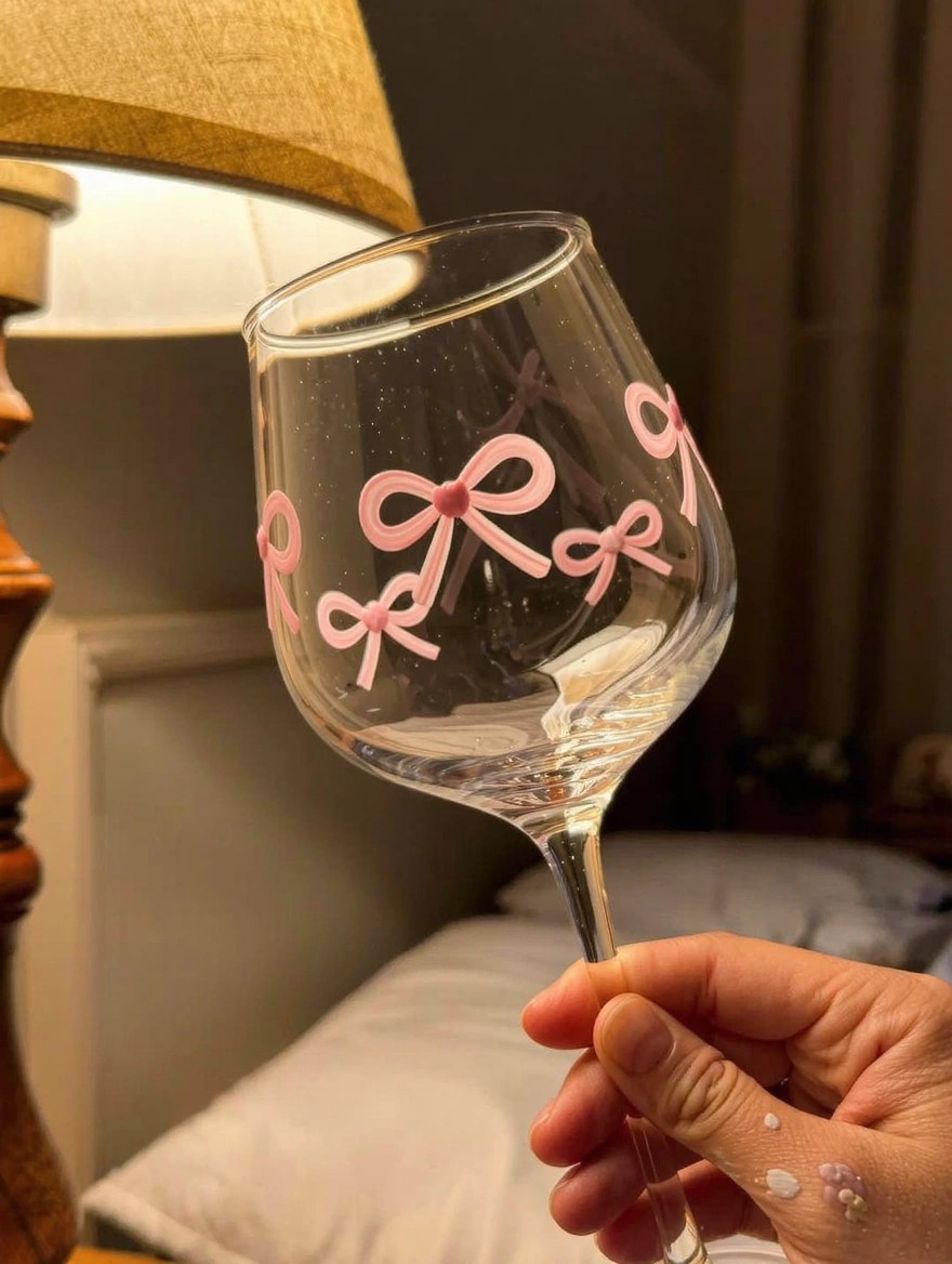 A hand holds a clear stemmed wine glass painted with multiple pink ribbon bows, lit by a nearby lamp in a bedroom.