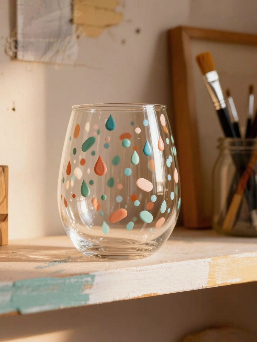 A clear stemless wine glass with painted teal, coral, pink, and mint raindrop and dot motifs sits on a wooden shelf surrounded by art supplies.