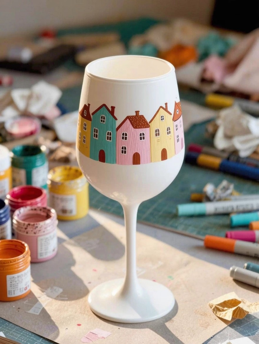 A stemmed white wine glass painted with a row of colorful houses around the bowl sits on a craft table amid paints, markers, and supplies.