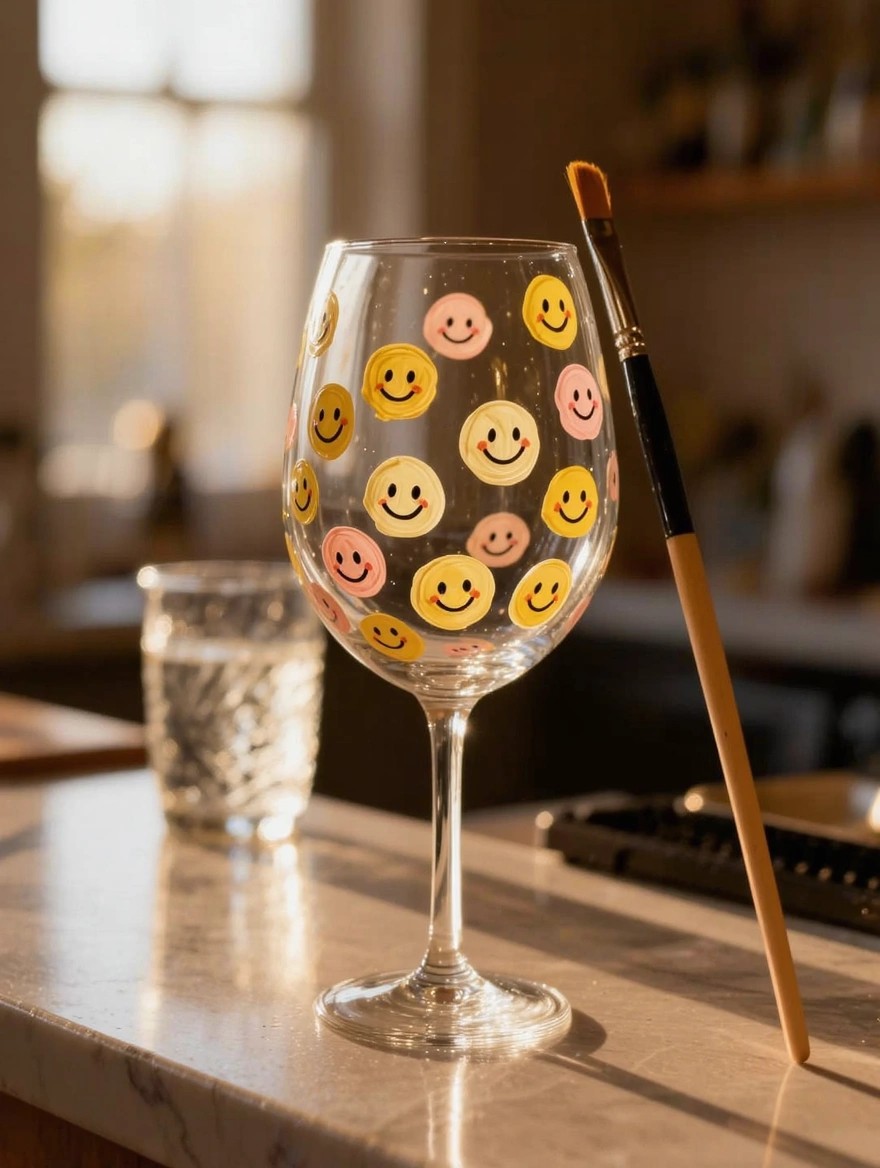 A clear wine glass painted with multiple yellow and pink smiley faces stands on a marble counter with a paintbrush leaning against it and a water glass nearby.