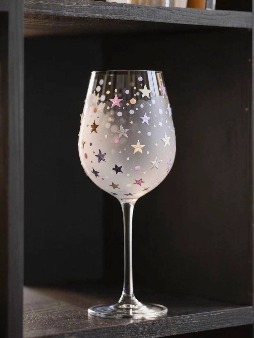 Clear wine glass with painted multicolored stars and dots fading from base to rim, on a dark wooden shelf.