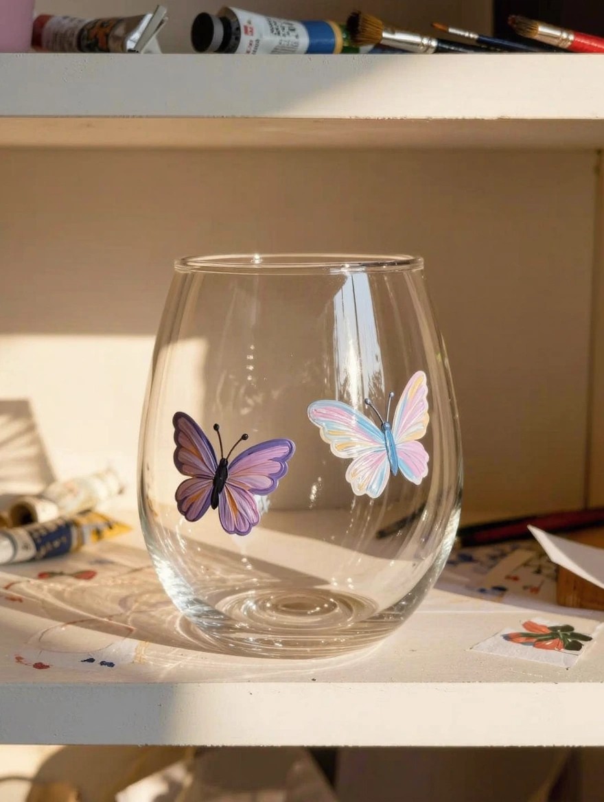 Clear stemmed wine glass painted with a purple butterfly and a pink-blue butterfly on the bowl, placed on a shelf with paint tubes, brushes, and paper nearby.