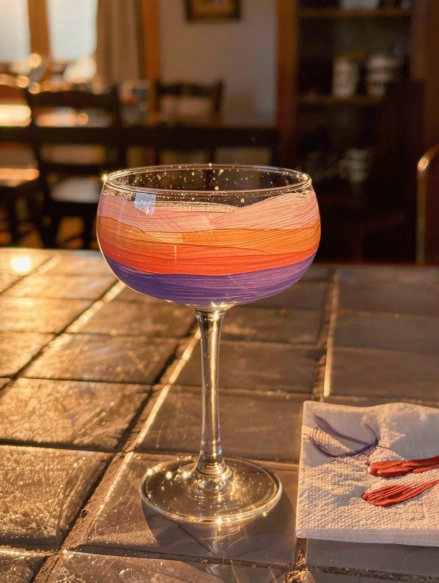 Hand-painted goblet wine glass with horizontal wavy stripes in pink, orange, and purple sits on a tiled table beside napkins and red utensils in warm light.