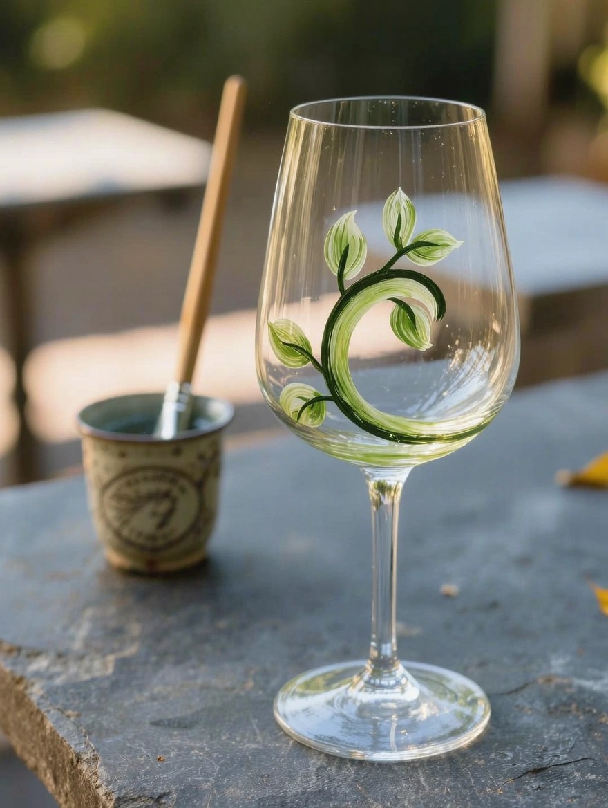 A clear stemmed wine glass with hand-painted green leaves and vines sits next to a small ceramic cup holding a bamboo stir stick on a stone surface outdoors.
