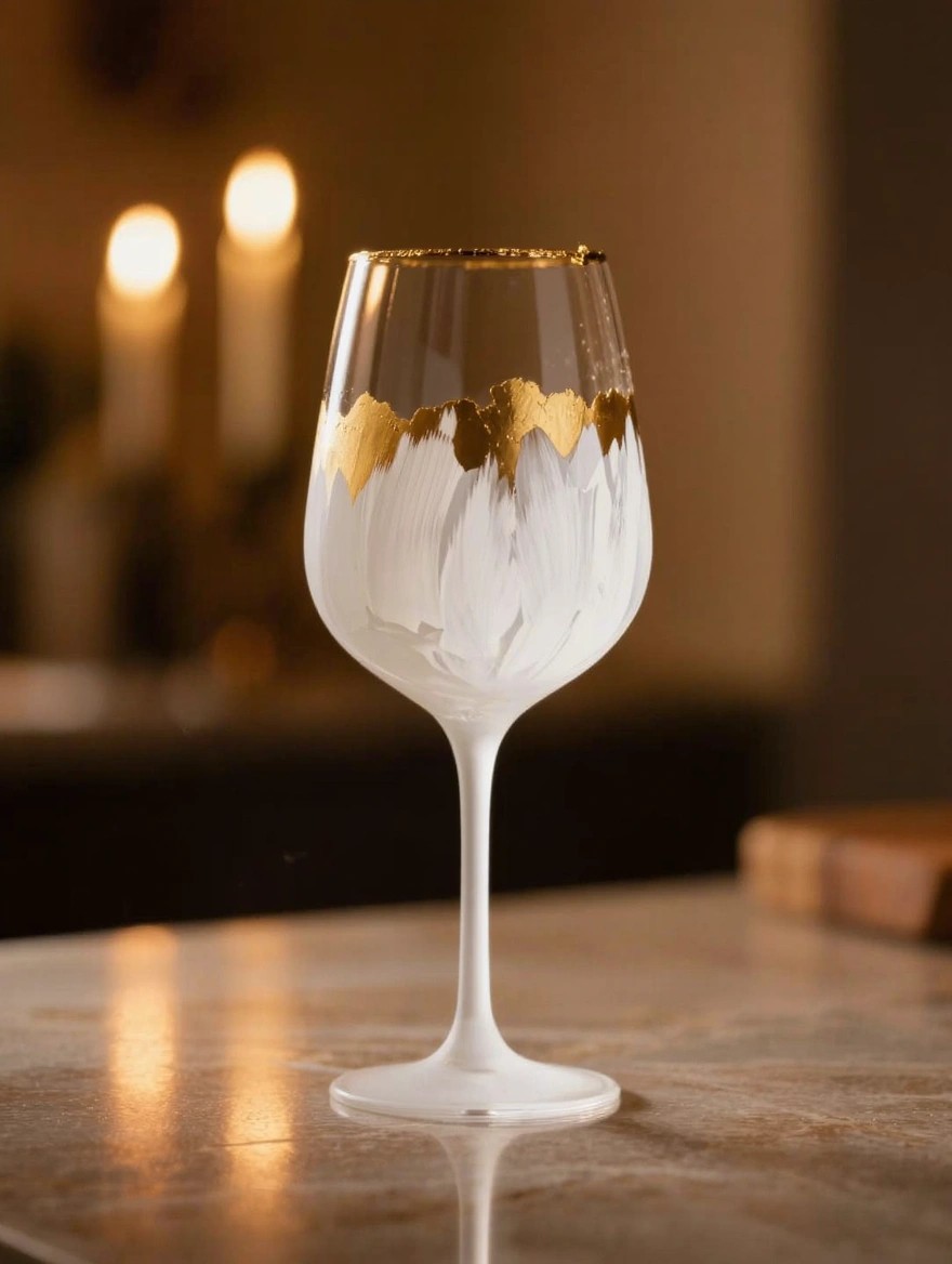 Clear stemmed wine glass with white feather paintings and gold accents on the bowl, placed on a table with warm candlelight in the background.