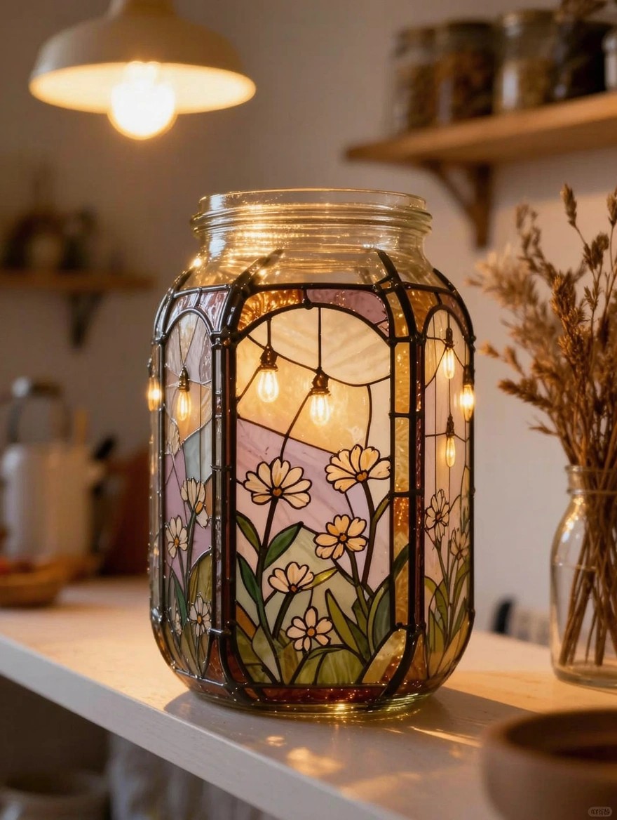 A tall glass jar with painted stained glass-style floral panels around its body, lit from within by small hanging bulbs, sitting on a white counter near pampas grass and shelves.