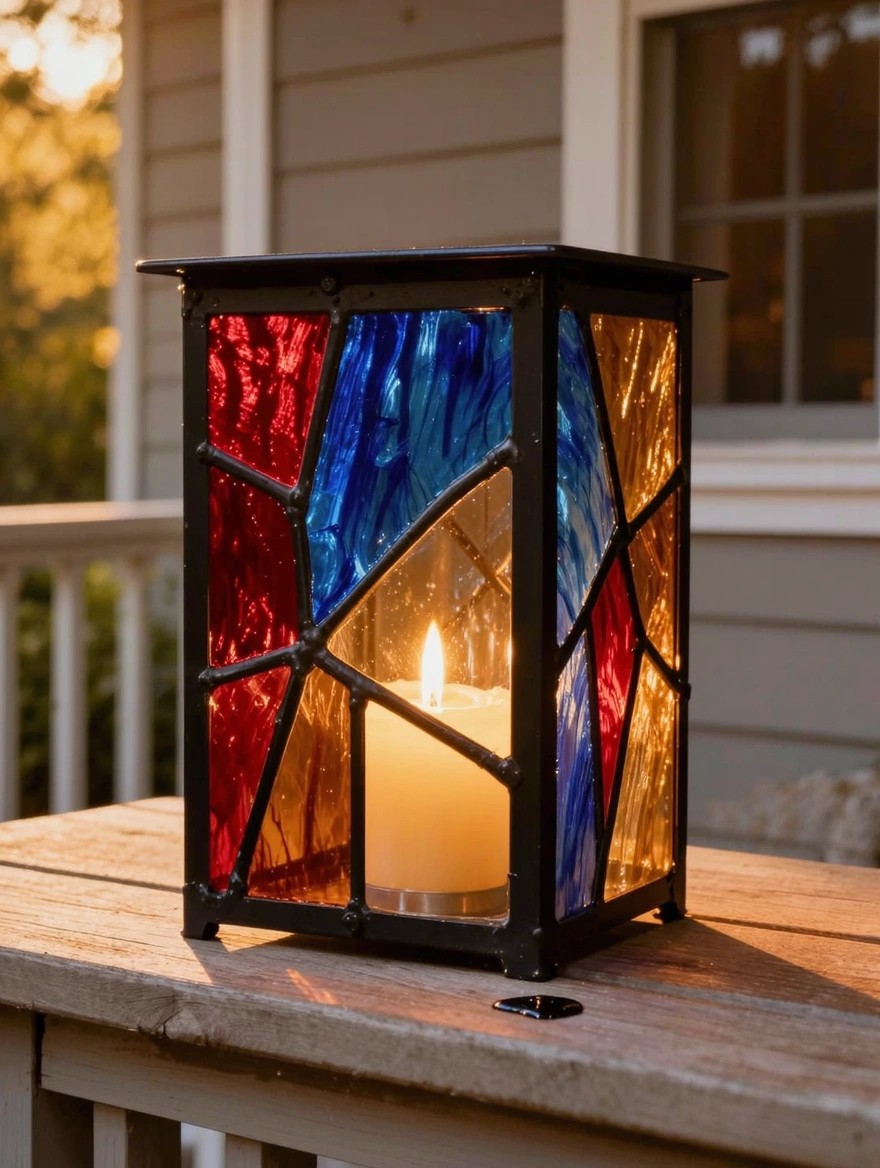 Black metal lantern with red, blue, and orange stained glass panels holds a lit candle on a wooden table outside a house at sunset.