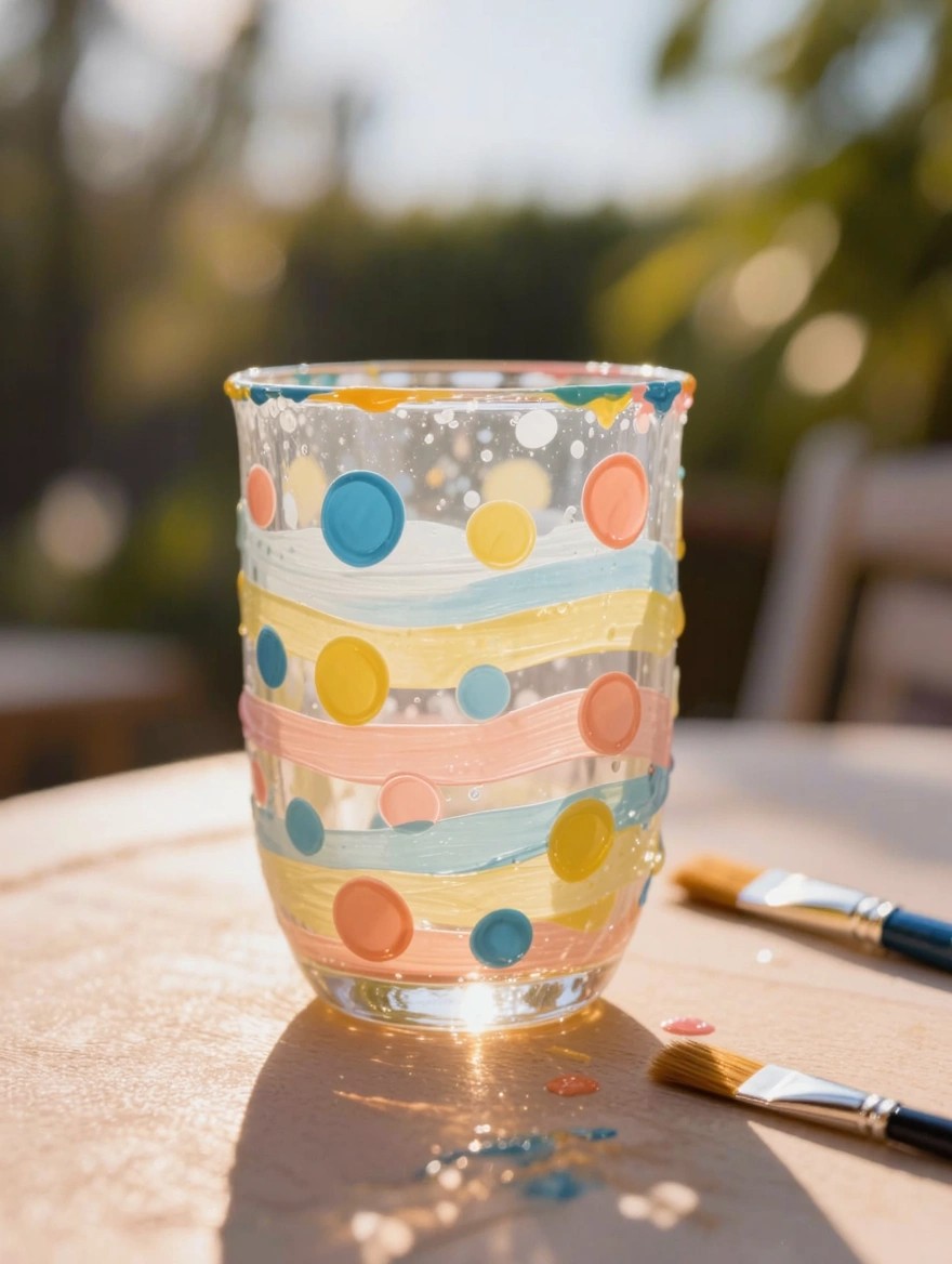A clear drinking glass painted with colorful polka dots and wavy stripes in pastel shades sits on an outdoor table next to paintbrushes and paint dots.