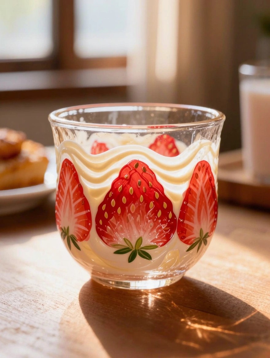 Clear glass tumbler painted on the outside with red strawberries and white wavy whipped cream designs, filled with white cream, on a wooden table next to croissants and a glass of milk.