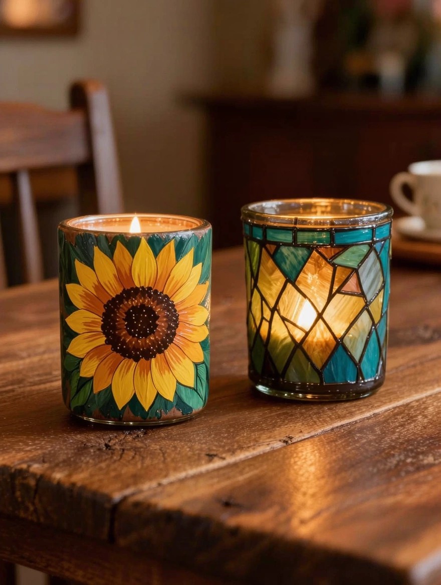 Two lit glass candle holders on a wooden table, one cylindrical jar painted with a teal sunflower and the other with multicolored geometric stained glass-style panels.