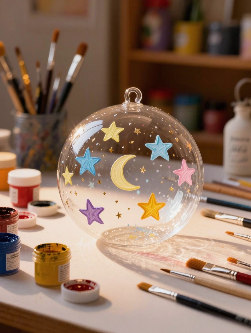 A clear glass sphere with a hanging loop painted inside with colorful stars and moons sits on a table with paints, brushes, and jars nearby.