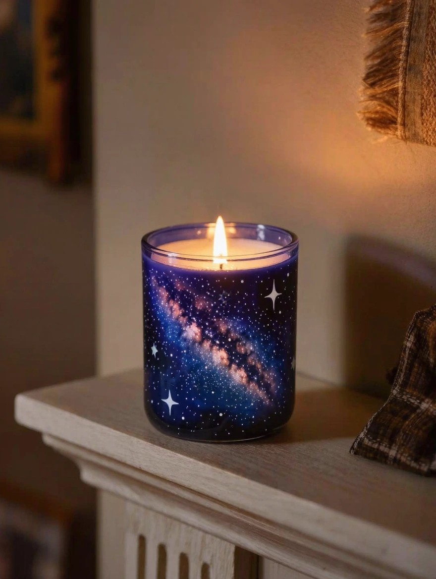 A lit glass candle jar painted with a blue and purple galaxy and stars sits on a wooden shelf by a fireplace.