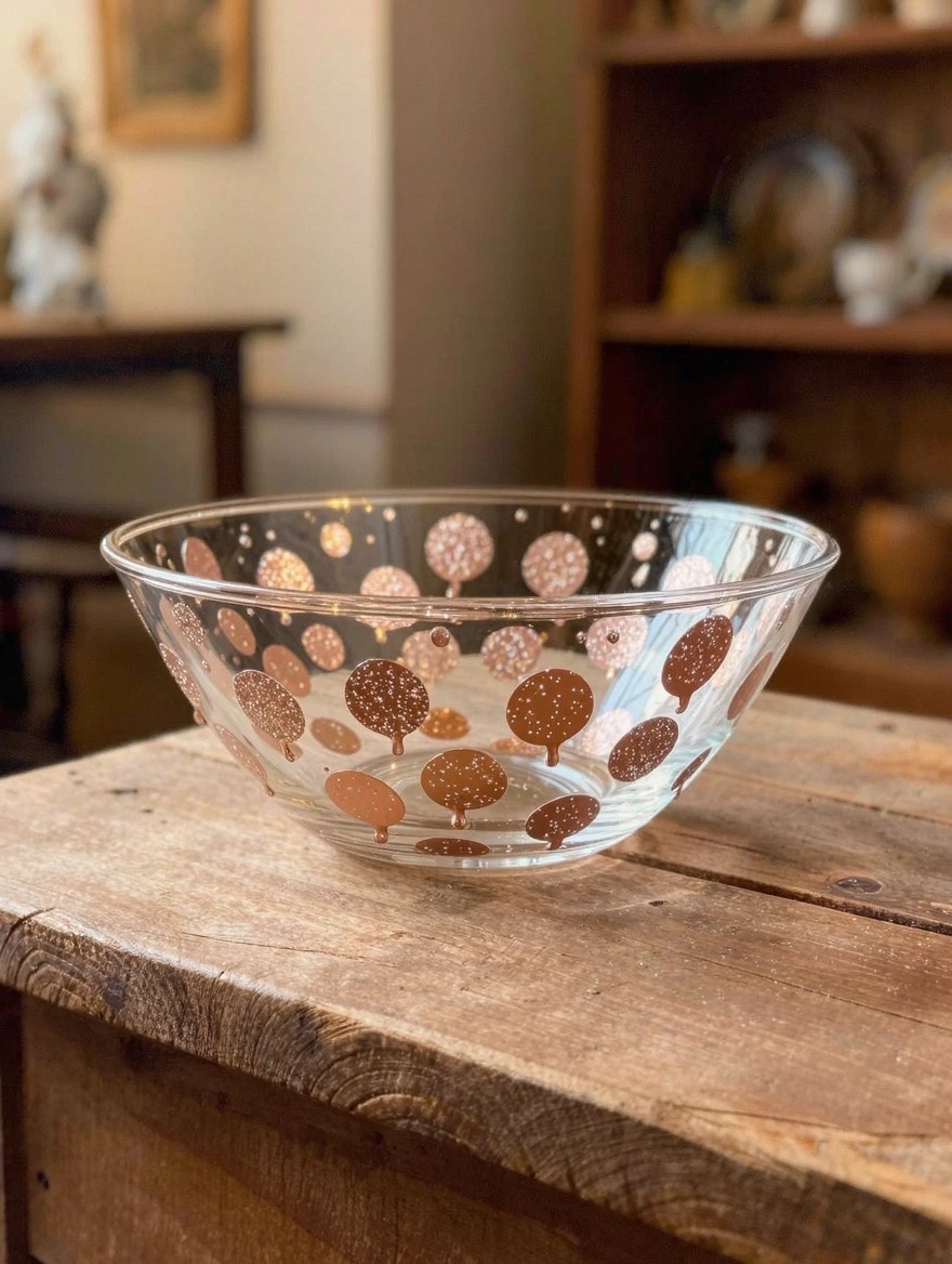 A clear glass serving bowl with scattered metallic gold and copper polka dots sits on a wooden table surrounded by vintage pottery and shelves.