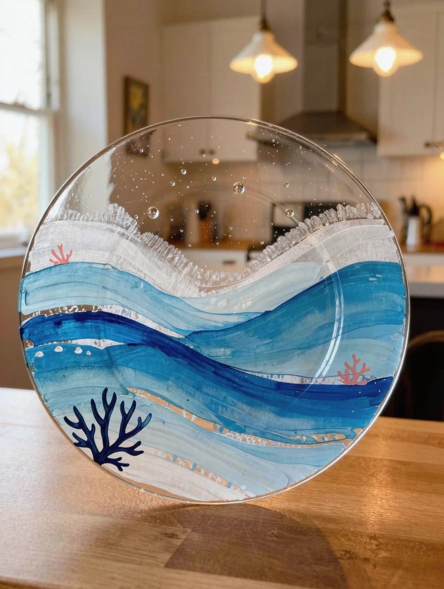 Clear round glass plate painted on one side with blue waves, white foam edges, pink and dark blue coral on a wooden kitchen counter.