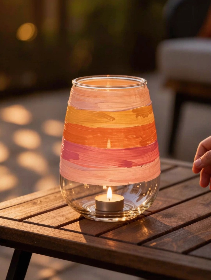A flared transparent glass vase painted with horizontal pink-to-orange stripes holds a lit tealight candle on an outdoor wooden table.