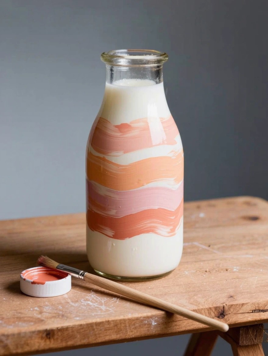 A clear glass milk bottle filled with milk, painted with abstract streaky brush strokes in orange, pink, and white on the exterior, next to a paintbrush and orange paint pot on a wooden table.