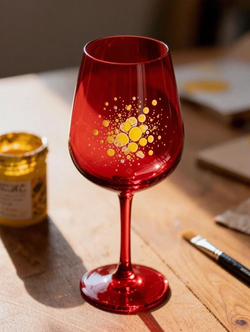 Red transparent wine glass painted with a cluster of yellow-gold dots on the bowl, next to a yellow paint jar, brush, and paper on a wooden table.