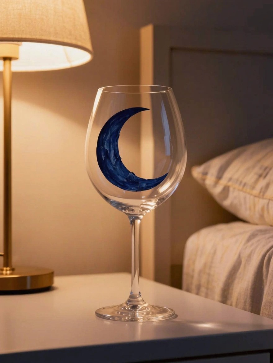 Clear stemmed wine glass with a hand-painted blue crescent moon on the bowl, set on a nightstand next to a lamp and pillows in a dimly lit bedroom.