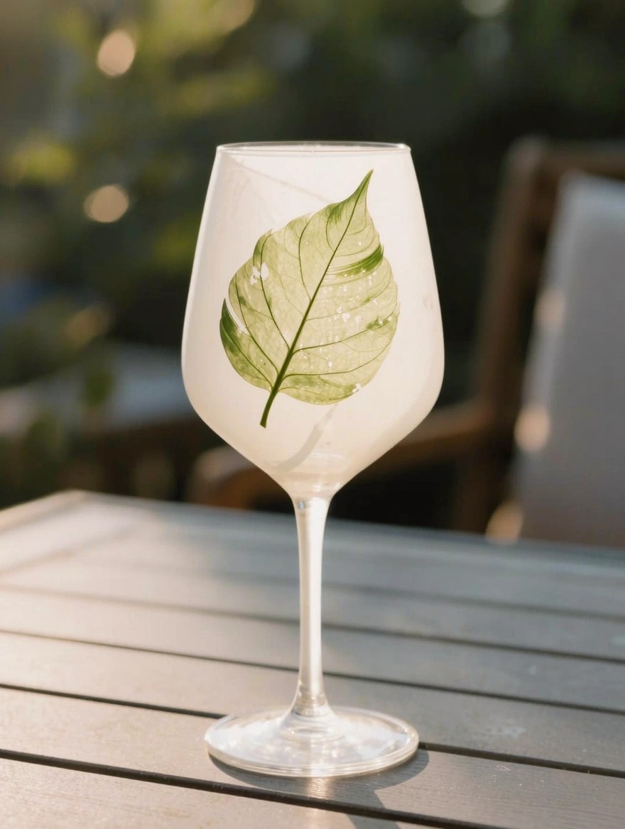 A stemmed wine glass with a frosted bowl painted with a large translucent green leaf and white veins sits on a wooden table outdoors.